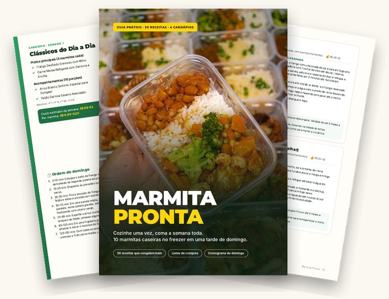 Guia Marmita Pronta: capa, cardápio semanal e página de receitas
